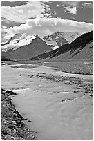 Wide Sunwapta River and Mt Athabasca, morning. Jasper National Park, Canadian Rockies, Alberta, Canada ( black and white)