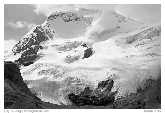 Hanging glacier on Mount Athabasca. Jasper National Park, Canadian Rockies, Alberta, Canada (black and white)