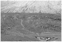 Terminal moraine with path leading to Athabasca Glacier. Jasper National Park, Canadian Rockies, Alberta, Canada ( black and white)