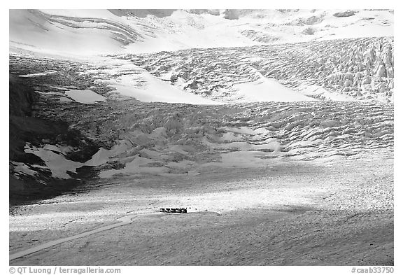 Distant view of snowcoaches parked at the base of the lower icefall on the Athabasca Glacier. Jasper National Park, Canadian Rockies, Alberta, Canada (black and white)