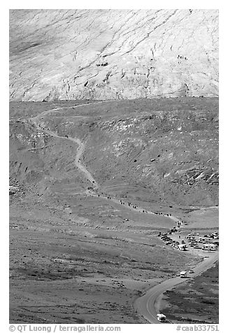 Road and trail leading to Athabasca Glacier. Jasper National Park, Canadian Rockies, Alberta, Canada