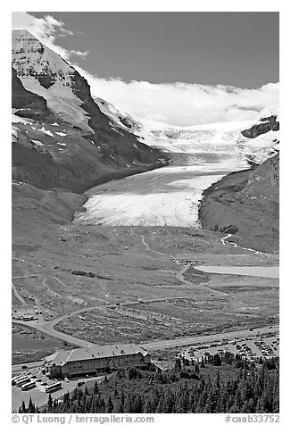 Icefields Center and Athabasca Glacier. Jasper National Park, Canadian Rockies, Alberta, Canada (black and white)