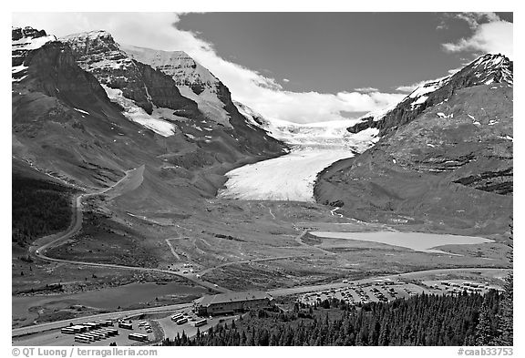 Icefields Center and Athabasca Glacier flowing from Columbia Icefields. Jasper National Park, Canadian Rockies, Alberta, Canada (black and white)