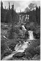 Multi-tiered Tangle Falls. Jasper National Park, Canadian Rockies, Alberta, Canada (black and white)