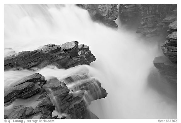 Water flowing over Gog quartzite in Athabasca Falls. Jasper National Park, Canadian Rockies, Alberta, Canada (black and white)