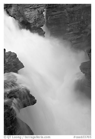 Water cascading over a glacial rock step, Athabasca Falls. Jasper National Park, Canadian Rockies, Alberta, Canada (black and white)