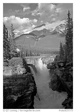 Athabasca Falls and Mt Kerkeslin, late afternoon. Jasper National Park, Canadian Rockies, Alberta, Canada (black and white)