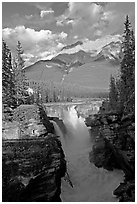 Athabasca Falls and Mt Kerkeslin, late afternoon. Jasper National Park, Canadian Rockies, Alberta, Canada (black and white)