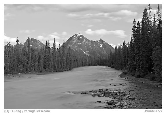 Whirlpool River and Whirlpool Peak, sunset. Jasper National Park, Canadian Rockies, Alberta, Canada