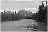 Whirlpool River and Whirlpool Peak, sunset. Jasper National Park, Canadian Rockies, Alberta, Canada ( black and white)