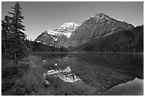 Cavell Lake and Mt Edith Cavell, sunrise. Jasper National Park, Canadian Rockies, Alberta, Canada (black and white)