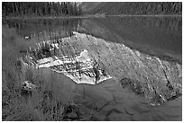 Reflections in Cavell Lake, early morning. Jasper National Park, Canadian Rockies, Alberta, Canada (black and white)