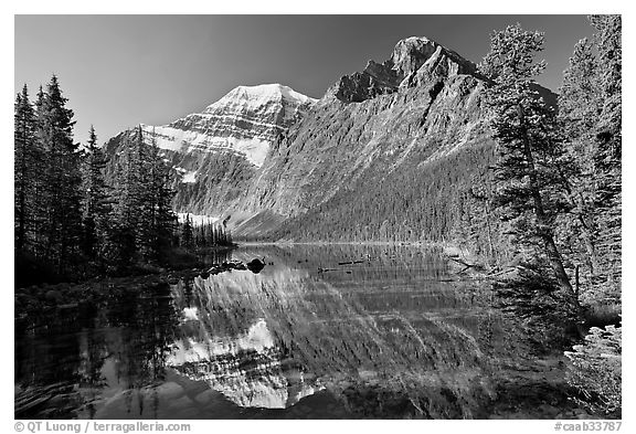 Mt Edith Cavell and  Cavell Lake from the footbrige, early morning. Jasper National Park, Canadian Rockies, Alberta, Canada (black and white)