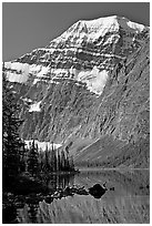 Steep face of Mt Edith Cavell raising above Cavell Lake. Jasper National Park, Canadian Rockies, Alberta, Canada ( black and white)