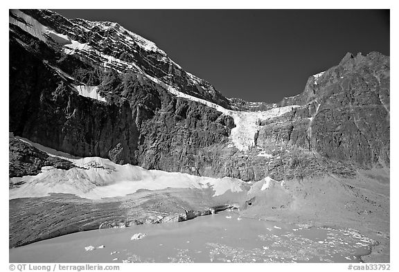 Mt Edith Cavell, Angel Glacier, and turquoise glacial lake. Jasper National Park, Canadian Rockies, Alberta, Canada (black and white)