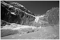 Mt Edith Cavell, Angel Glacier, and turquoise glacial lake. Jasper National Park, Canadian Rockies, Alberta, Canada (black and white)