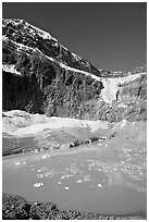 Turquoise glacial lake below Mt Edith Cavell, morning. Jasper National Park, Canadian Rockies, Alberta, Canada (black and white)