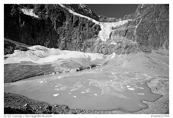 Hanging glacier and glacial pond, Mt Edith Cavell. Jasper National Park, Canadian Rockies, Alberta, Canada (black and white)