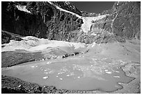 Hanging glacier and glacial pond, Mt Edith Cavell. Jasper National Park, Canadian Rockies, Alberta, Canada (black and white)