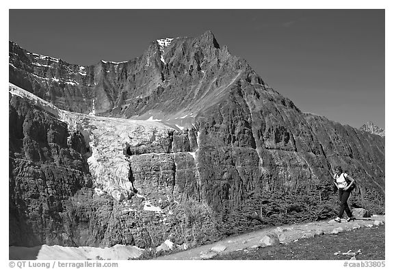 Woman hiking on trail near Mt Edith Cavell. Jasper National Park, Canadian Rockies, Alberta, Canada