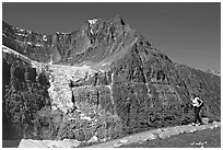 Woman hiking on trail near Mt Edith Cavell. Jasper National Park, Canadian Rockies, Alberta, Canada (black and white)