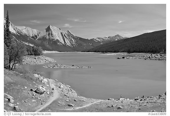 Medicine Lake, afternoon. Jasper National Park, Canadian Rockies, Alberta, Canada (black and white)