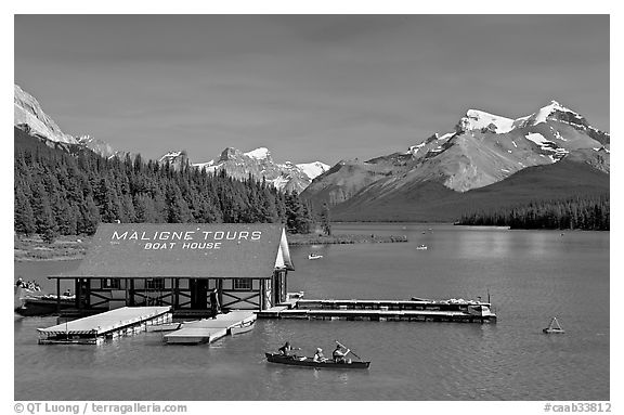 Maligne Lake and boat house. Jasper National Park, Canadian Rockies, Alberta, Canada (black and white)