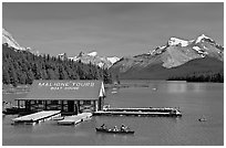 Maligne Lake and boat house. Jasper National Park, Canadian Rockies, Alberta, Canada (black and white)