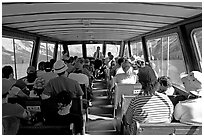 Aboard the tour boat on Maligne Lake. Jasper National Park, Canadian Rockies, Alberta, Canada (black and white)