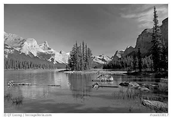 Spirit Island and Maligne Lake, afternoon. Jasper National Park, Canadian Rockies, Alberta, Canada (black and white)