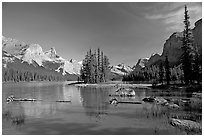 Spirit Island and Maligne Lake, afternoon. Jasper National Park, Canadian Rockies, Alberta, Canada (black and white)