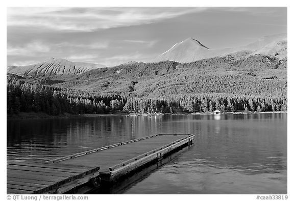Dock, Maligne Lake, and Bald Hills, late afternoon. Jasper National Park, Canadian Rockies, Alberta, Canada (black and white)