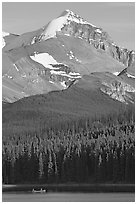 Peak raising above Maligne Lake. Jasper National Park, Canadian Rockies, Alberta, Canada ( black and white)