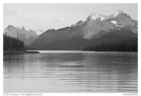 Peaks reflected in rippled water, Maligne Lake, sunset. Jasper National Park, Canadian Rockies, Alberta, Canada (black and white)