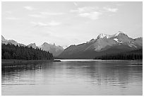 Serene view of Maligne Lake and peaks, sunset. Jasper National Park, Canadian Rockies, Alberta, Canada (black and white)