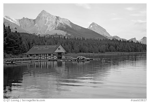 Maligne Lake Boathouse,  Leh and Samson peaks, sunset. Jasper National Park, Canadian Rockies, Alberta, Canada (black and white)