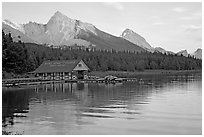 Maligne Lake Boathouse,  Leh and Samson peaks, sunset. Jasper National Park, Canadian Rockies, Alberta, Canada (black and white)