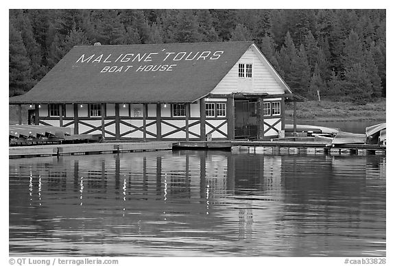 Maligne Lake Boathouse. Jasper National Park, Canadian Rockies, Alberta, Canada (black and white)