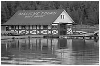 Maligne Lake Boathouse. Jasper National Park, Canadian Rockies, Alberta, Canada ( black and white)