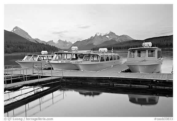 Tour boat dock, Maligne Lake, sunset. Jasper National Park, Canadian Rockies, Alberta, Canada