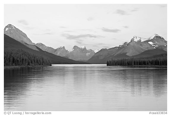 Maligne Lake, the largest in the Canadian Rockies, sunset. Jasper National Park, Canadian Rockies, Alberta, Canada (black and white)