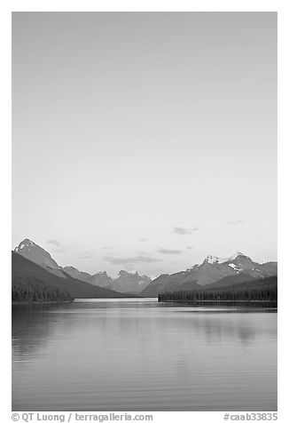 Maligne Lake, sunset. Jasper National Park, Canadian Rockies, Alberta, Canada (black and white)