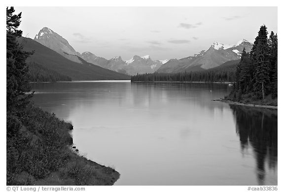 Maligne River outlet and Maligne Lake, sunset. Jasper National Park, Canadian Rockies, Alberta, Canada (black and white)