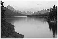 Maligne River outlet and Maligne Lake, sunset. Jasper National Park, Canadian Rockies, Alberta, Canada ( black and white)