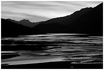 Flood plain of Medicine Lake, sunset. Jasper National Park, Canadian Rockies, Alberta, Canada (black and white)