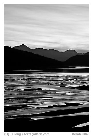 Braided channels and Medicine Lake, sunset. Jasper National Park, Canadian Rockies, Alberta, Canada