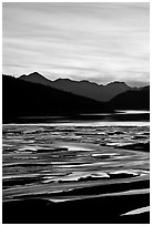 Braided channels and Medicine Lake, sunset. Jasper National Park, Canadian Rockies, Alberta, Canada (black and white)