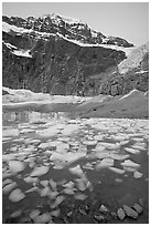 Cavell Pond, with the face of Mt Edith Cavell looming above, sunrise. Jasper National Park, Canadian Rockies, Alberta, Canada (black and white)