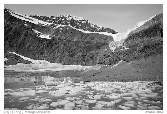 Glacial Pond filled with icebergs below Mt Edith Cavell, sunrise. Jasper National Park, Canadian Rockies, Alberta, Canada (black and white)