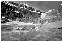 Icebergs and Cavell Pond at the base of Mt Edith Cavell, early morning. Jasper National Park, Canadian Rockies, Alberta, Canada (black and white)